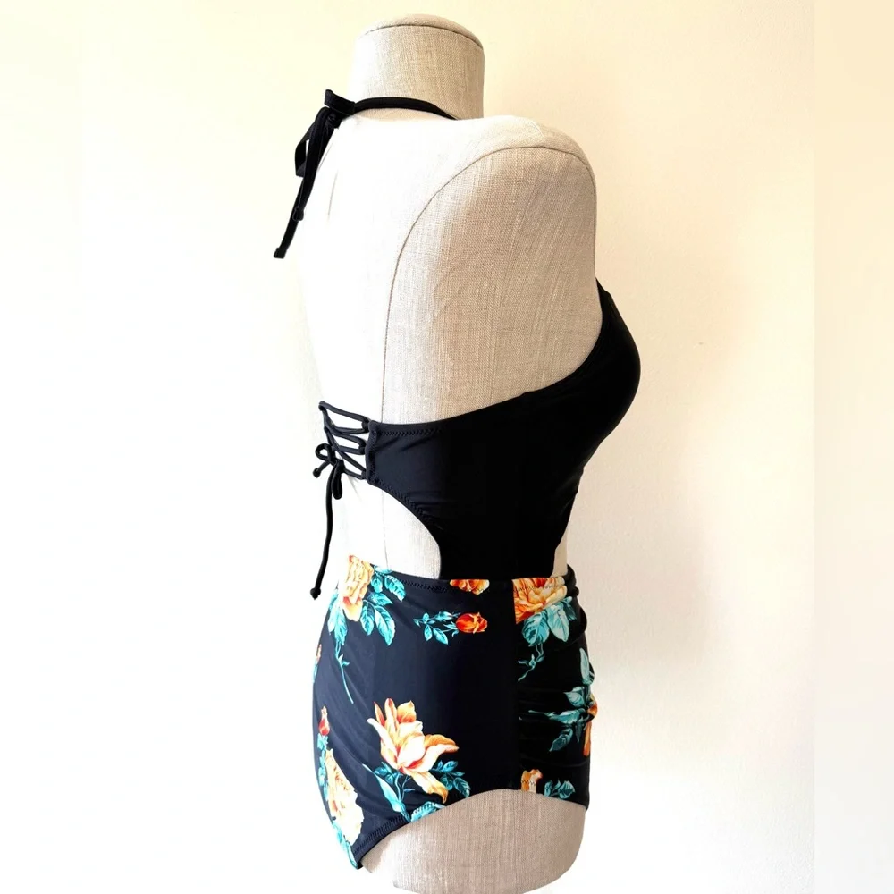 Cupshe Black Floral Print Halter Lace-Up Tummy Control One Piece Swimsuit - Picture 7 of 16